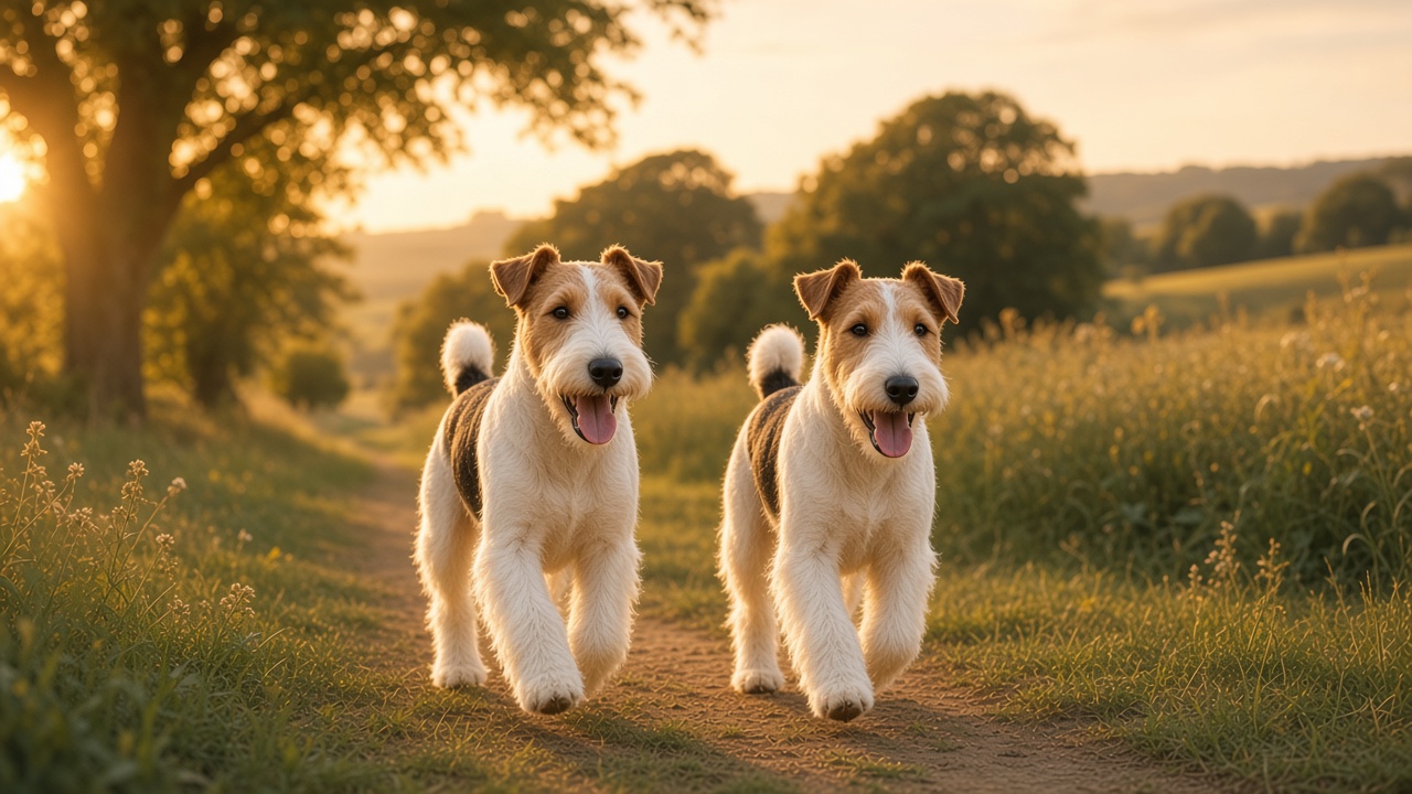 Happy dogs enjoying a countryside walk in warm golden light